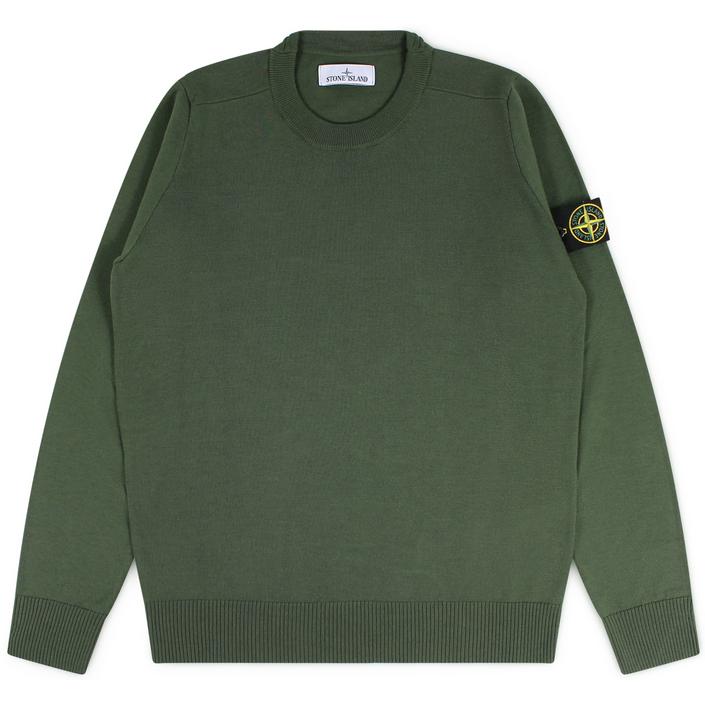 stone island trui sweater jumper knitwear knitted gebreid wintertrui wool wol stretch ronde hals crewneck, groen green donkergroen legergroen army leger