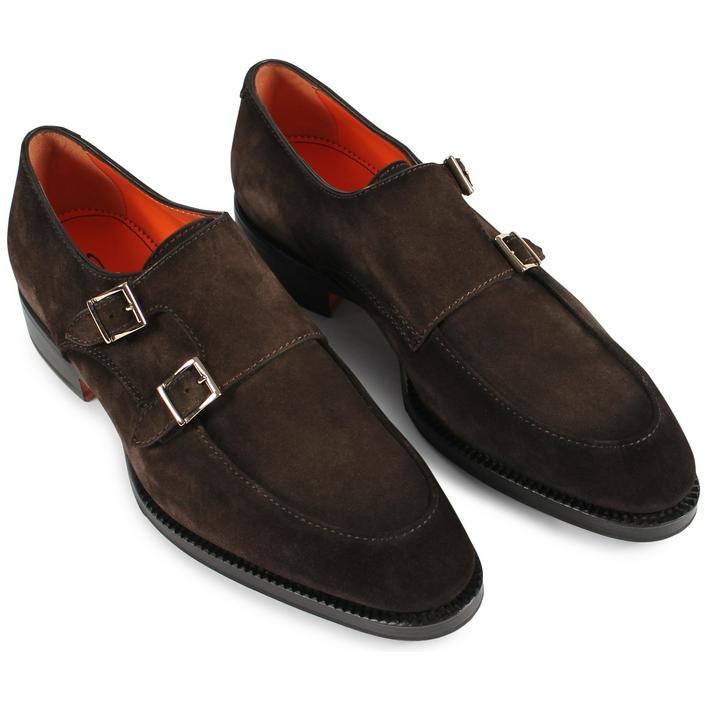 santoni shoes shoe schoen schoenen monks monk gesp gespschoen double monk suede, bruin brown donkerbruin donker