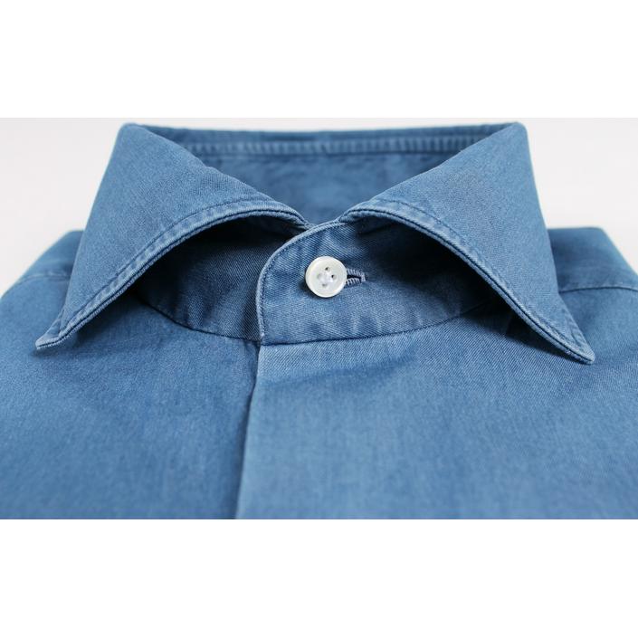 luigi borrelli shirt overhemd denim jeans widespread wide spread cotton katoen, blauw blue jeansblue jeansblauw