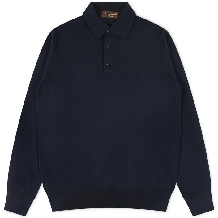 Doriani cashmere polo poloshirt shirt longsleeve long sleeve lange mouw wol wool zijde silk cashmere, donkerblauw donker dark navy blue