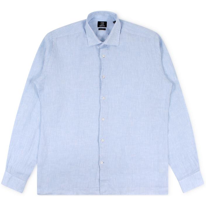 genti shirt overhemd casual linnen lino zomer summer longsleeve, lichtblauw licht light blue blauw