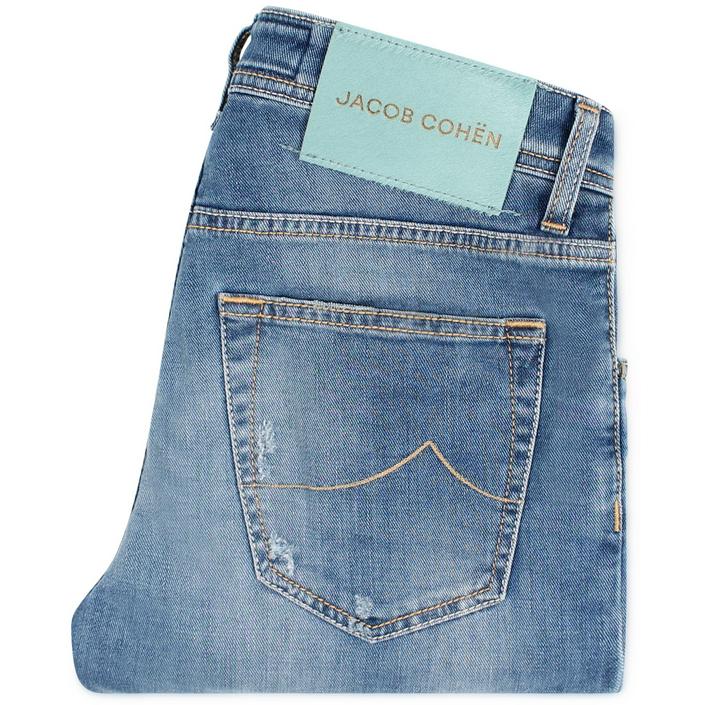 jacob cohen destroyed demaged jeans denim broek spijkerbroek trousers 5-pocket nick slim slim fit, blauw blue licht light washed bleached lichte wassing 1