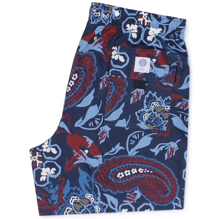 Rosi zwembroek swimwear swimtrunks trunks floral bloem flower paisley print printed, navy blue donkerblauw donker blauw red rood burgundy donkerrood 1