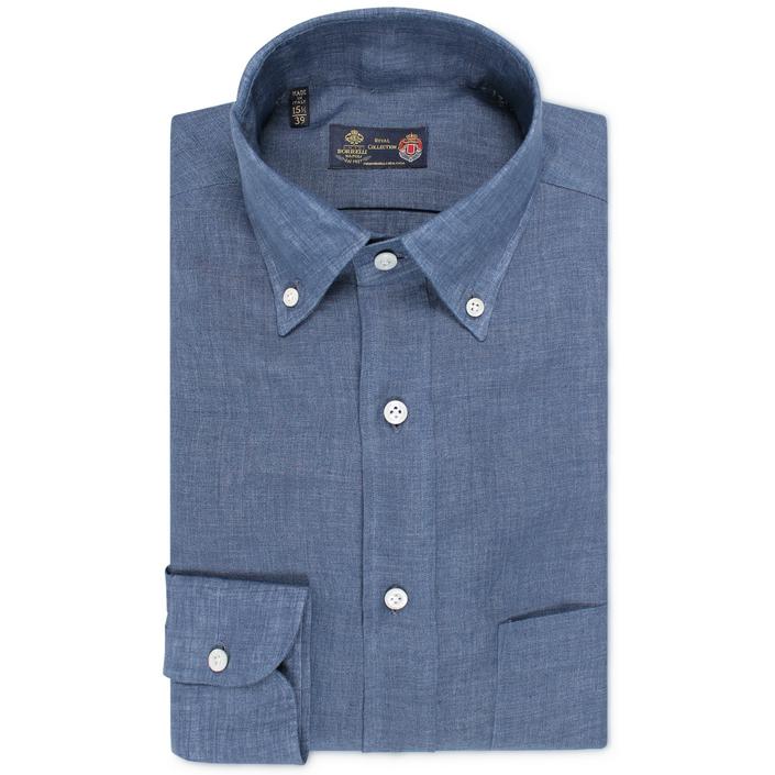 luigi borrelli shirt casual linnen lino overhemd button down zomer summer, donkerblauw donker dark denim blue blauw 1