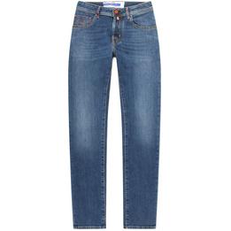 jacob cohen jeans spijkerbroek broek denim nickslim nick slim slimfit, washed gewassen middenblauw blauw blue oranje orange rood red