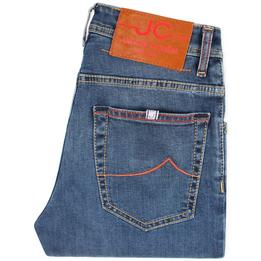 jacob cohen jeans spijkerbroek broek denim nickslim nick slim slimfit, washed gewassen middenblauw blauw blue oranje orange rood red 1